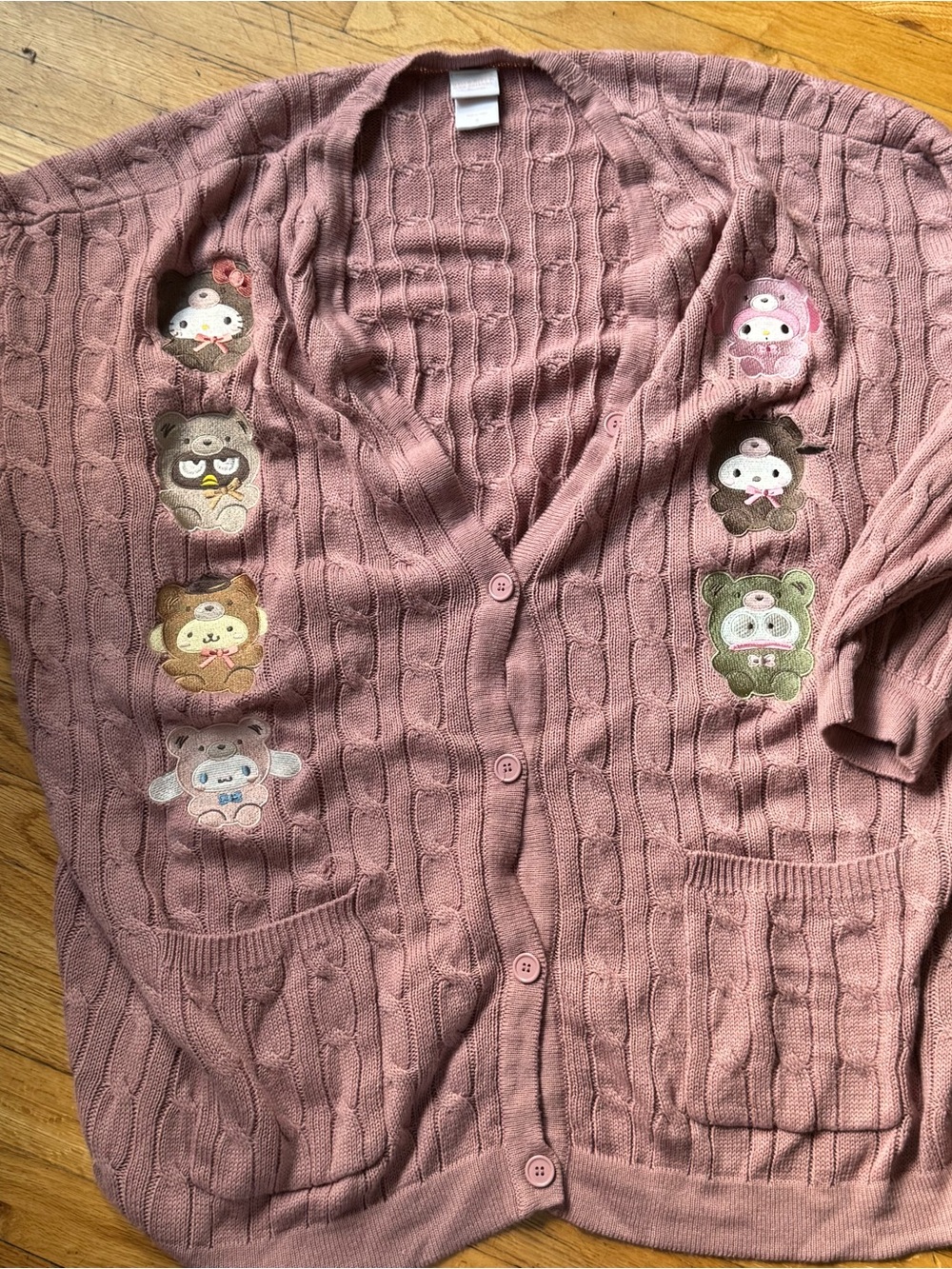 Hello Kitty Mauve Pink Cable-Knit Cardigan with Character Patches